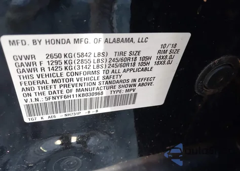 2019 Honda Pilot Lx z USA, uszkodzony, nr VIN 5FNYF6H11KB030968